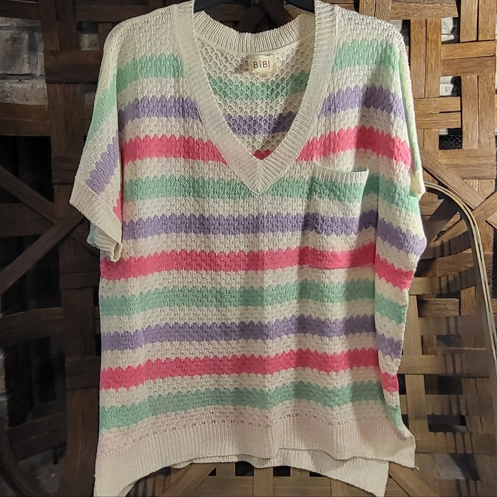 BiBi V-Neck Light-weight Sweater with Pink, Green, and Purple Stripes In Sz M